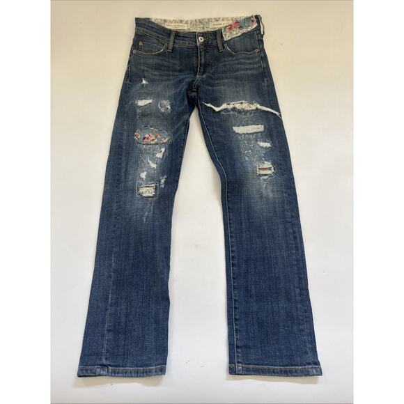 Pilcro Anthropologie Distressed Embroidered Patches Slim Boyfriend Jeans 27 BOHO - Picture 1 of 12